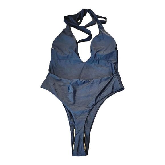 Lilosy Womens Black Halter Deep V-Neck Wrap Tie Waist One-Piece Swimsuit Size L - Picture 8 of 14